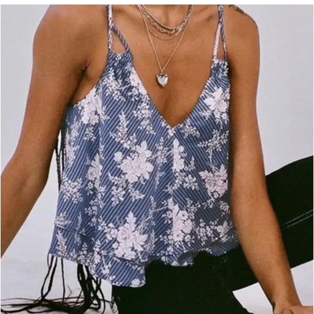 NWOT Urban Outfitters Ruby Satin Tiered Ruffle Top Floral Blue Motif Feminine S